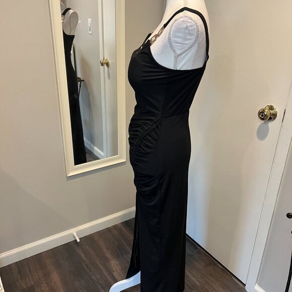 Chic Me Black Ladder cutout Slit Gold Buckle Ruched bodycon Dress, Size Medium - Picture 8 of 16